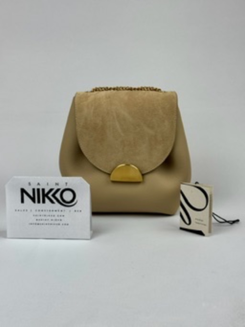 Polene Numéro Un Mini Beige Leather Suede Gold Chain Shoulder Bag Full Set